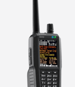 Compact handheld radio with antenna and display screen.